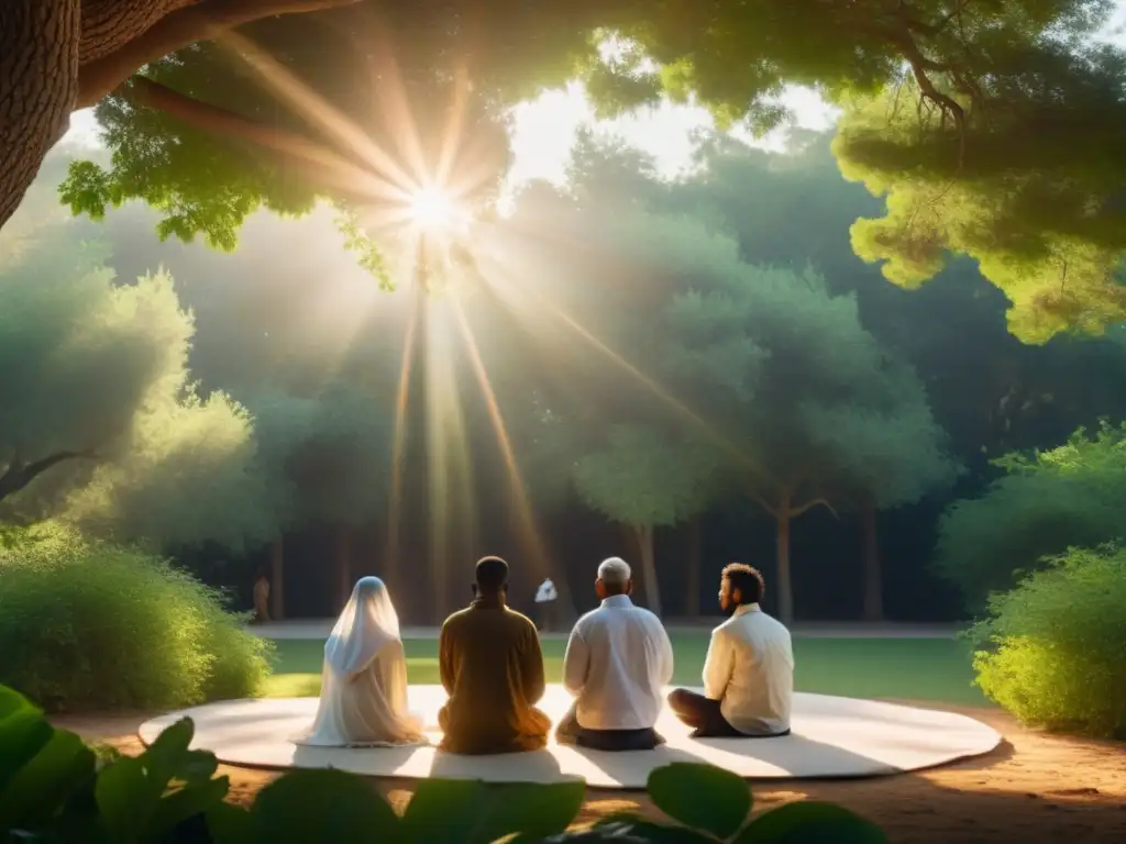 Unidad espiritual: diversidad en oración Un círculo de líderes carismáticos de la Nación del Islam en oración, unidos en paz y conexión espiritual bajo la suave luz del sol entre los árboles