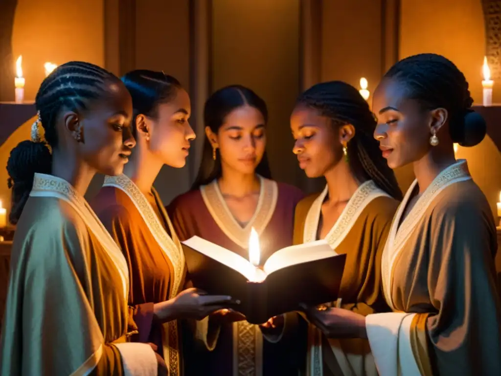Conversación de mujeres en círculo iluminadas por velas Un círculo de mujeres discute en una cámara iluminada por velas, con libros en mano y expresiones serias, evocando el rol de género en sectas