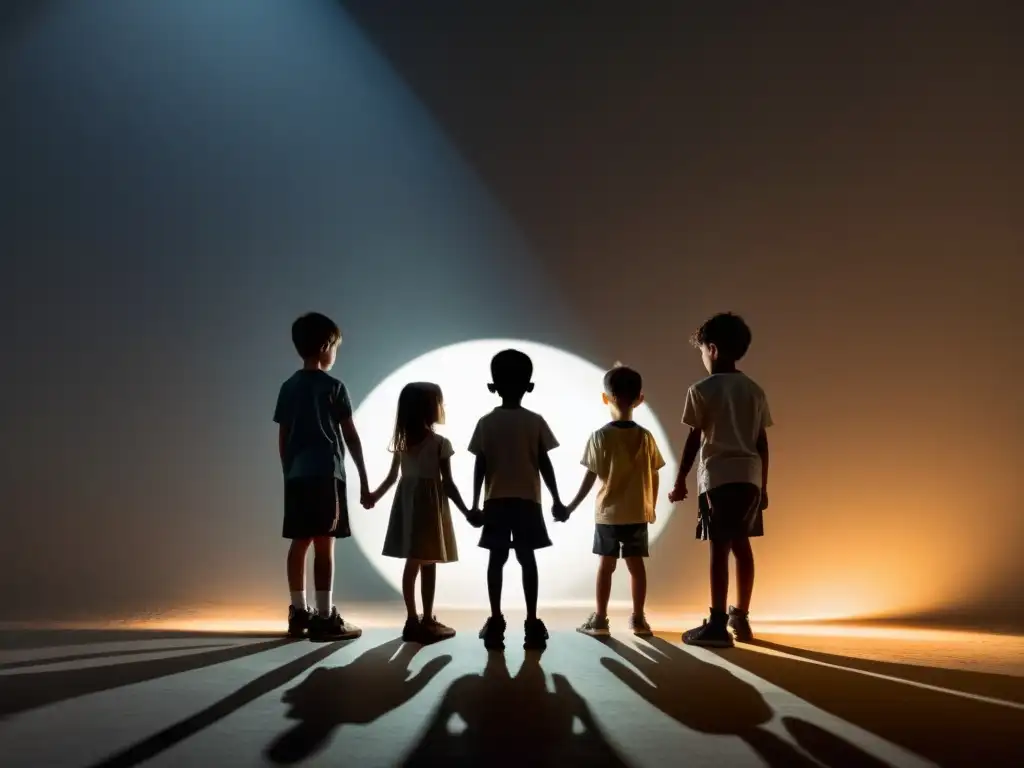 Niños en círculo con figura misteriosa Un círculo de niños con expresiones vacías y una figura misteriosa en el centro, en una atmósfera inquietante