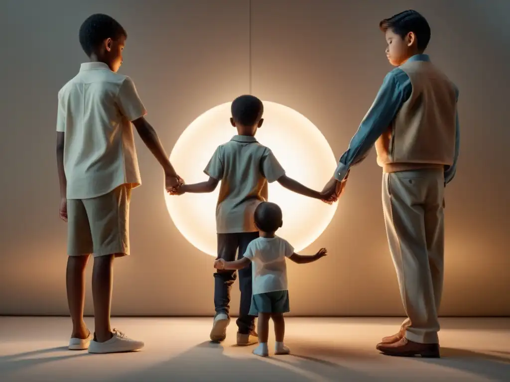 Un círculo de niños tomados de la mano, con una figura protectora en el centro y una luz cálida
