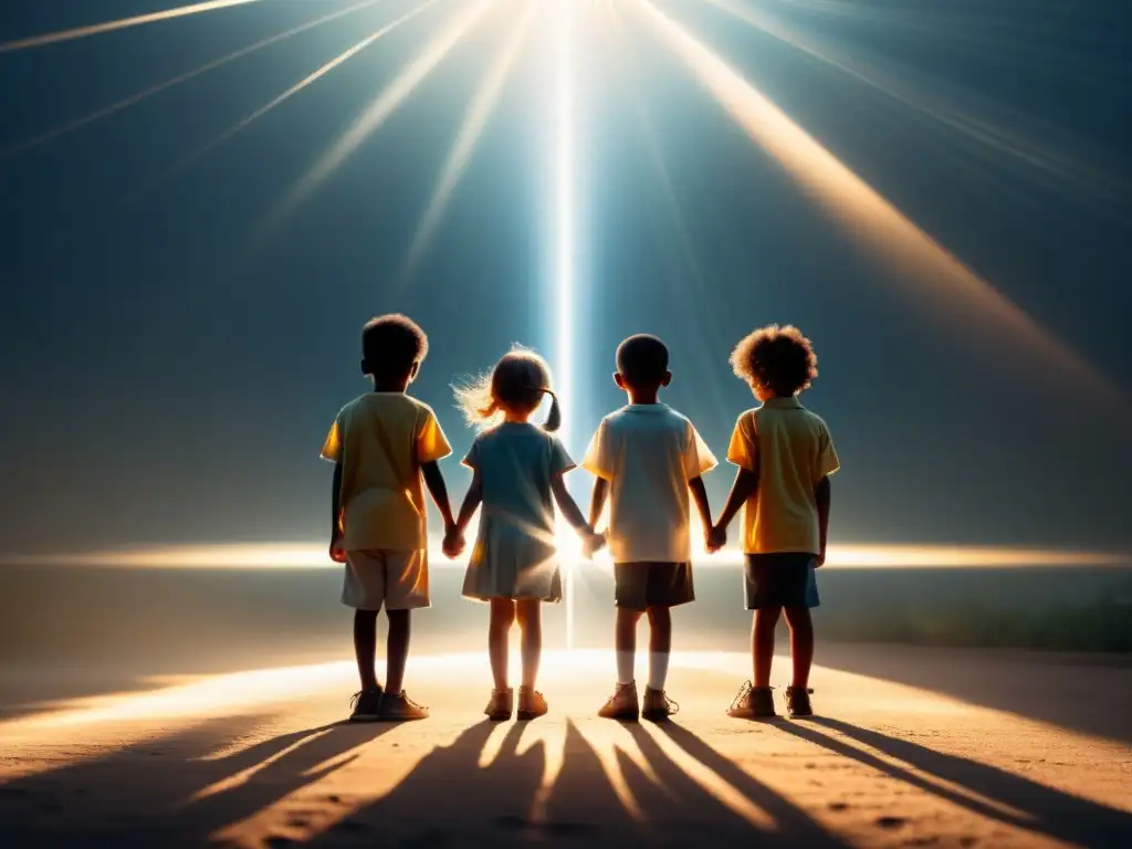 Esperanza infantil: niños unidos por la luz Un círculo de niños tomados de la mano, rodeados por rayos de luz