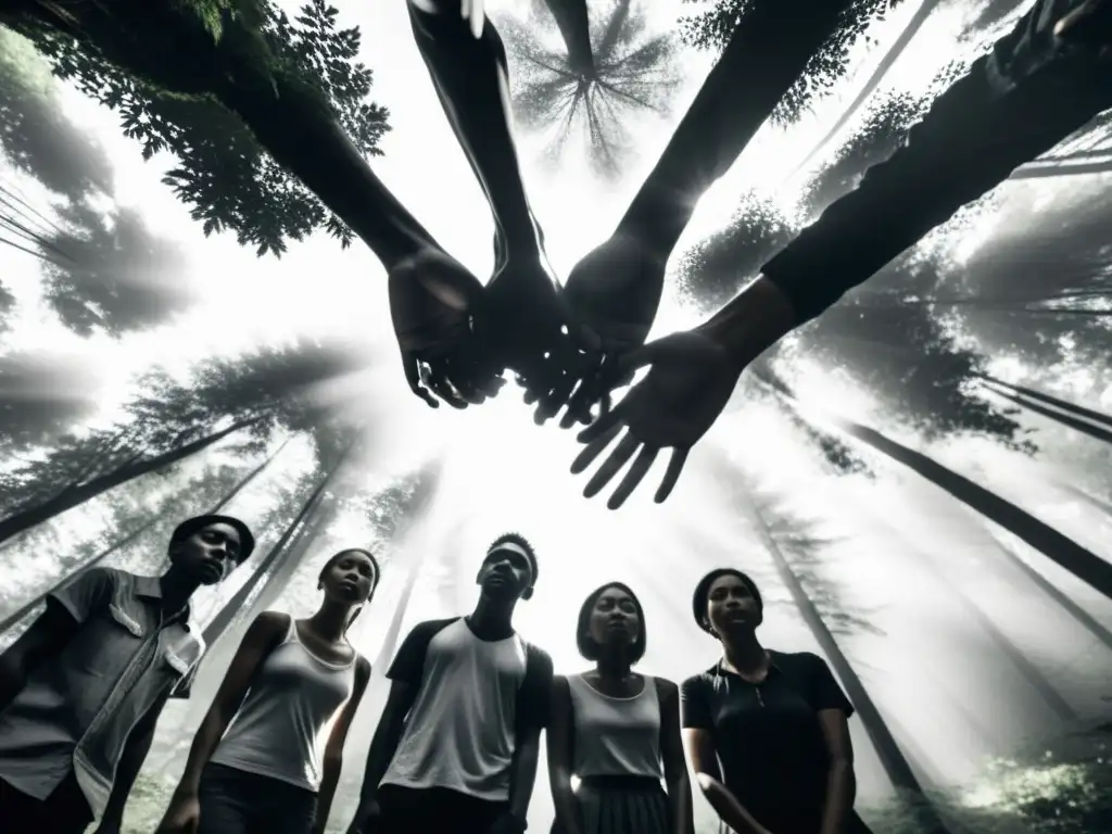 Ritual de conexión en el bosque: serenidad y misterio en blanco y negro Un círculo de personas en el bosque, tomadas de la mano con los ojos cerrados