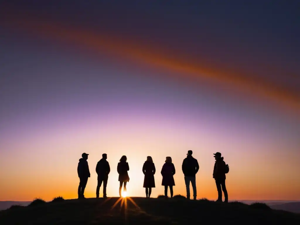 Un círculo de personas en una colina remota al atardecer, proyectando largas sombras