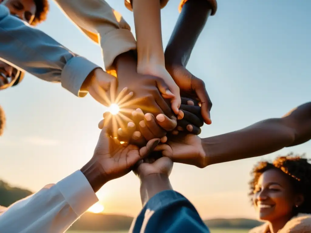 Unión y diversidad: personas en círculo, unidas en la naturaleza Un círculo de personas unidas de diferentes culturas en la naturaleza al atardecer, transmitiendo conexión entre sectas emergentes