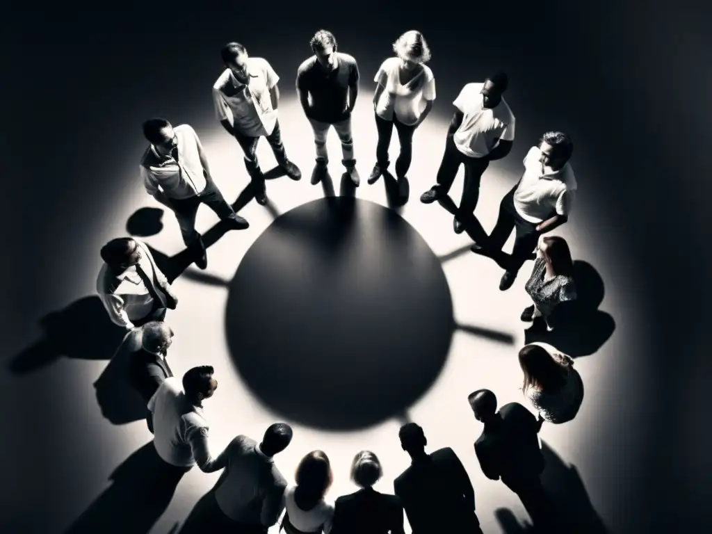 Un círculo de personas de expresión vacía, con una en el centro, ojos cerrados