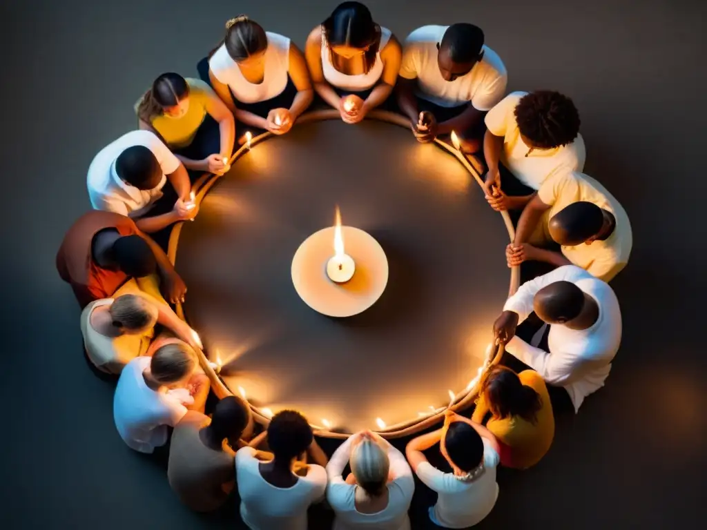 Un círculo de personas en meditación, iluminado por velas