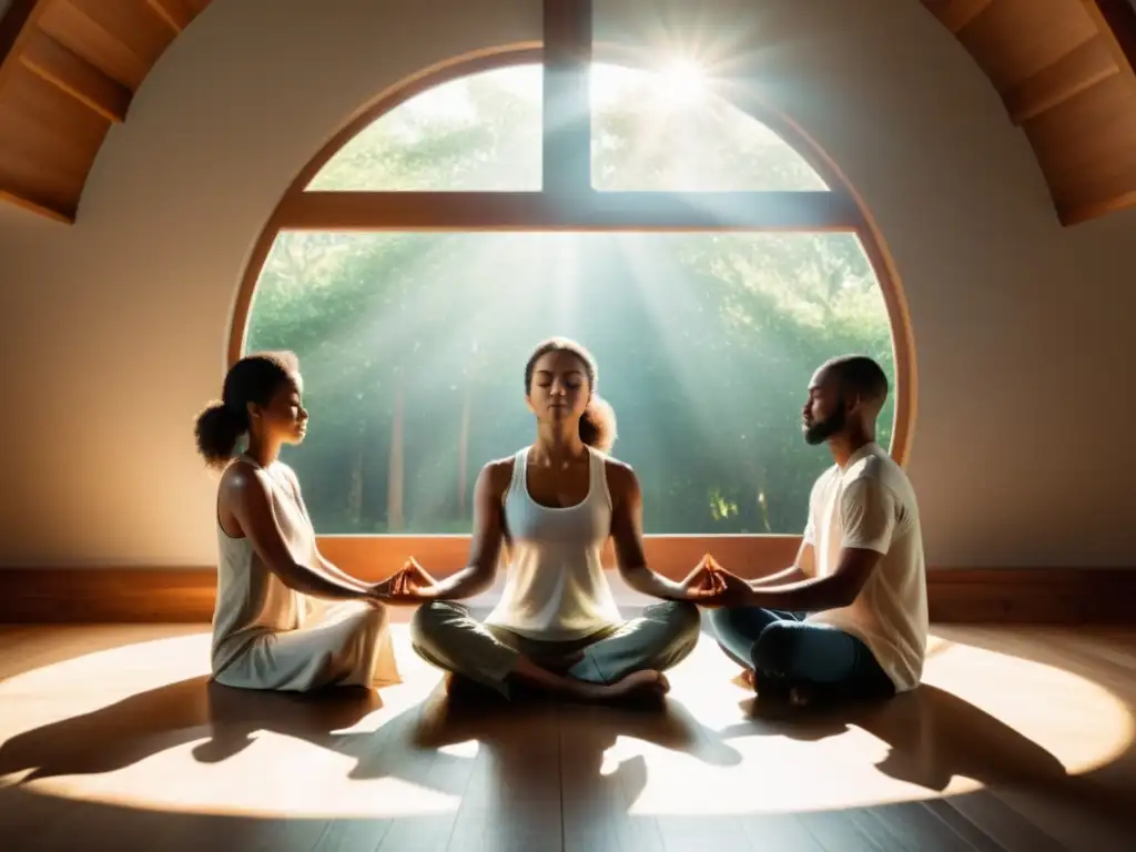 Unidad y tranquilidad: meditación en grupo bajo la luz del sol Un círculo de personas meditando juntas, unidas con los ojos cerrados