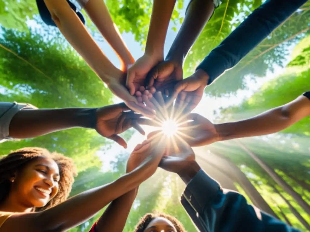 Un círculo de personas se sostienen de las manos bajo la luz del sol entre los árboles, transmitiendo confianza y solidaridad