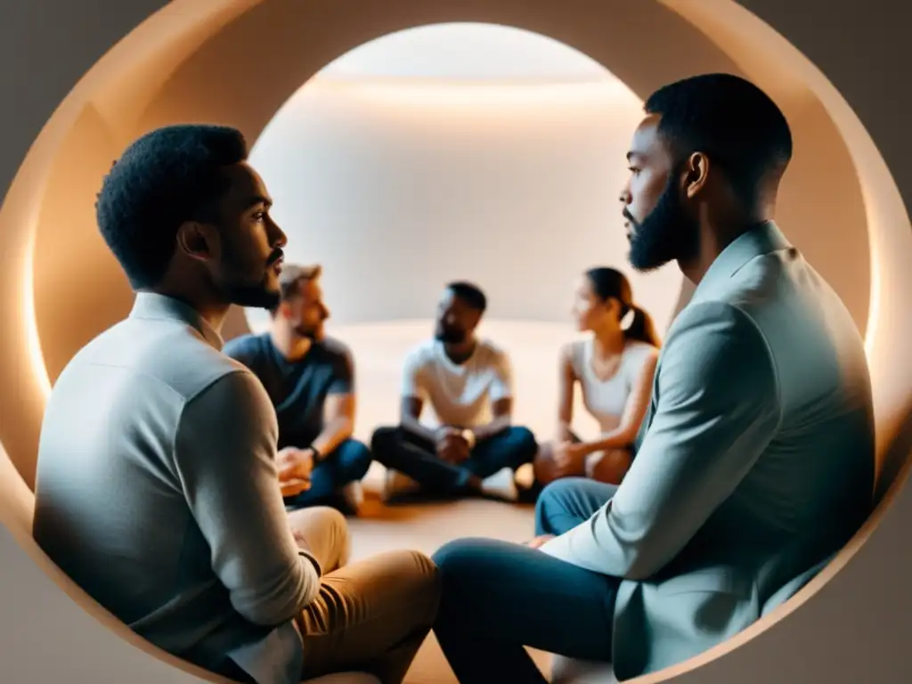 Un círculo de personas en profunda conversación, transmitiendo confianza y camaradería