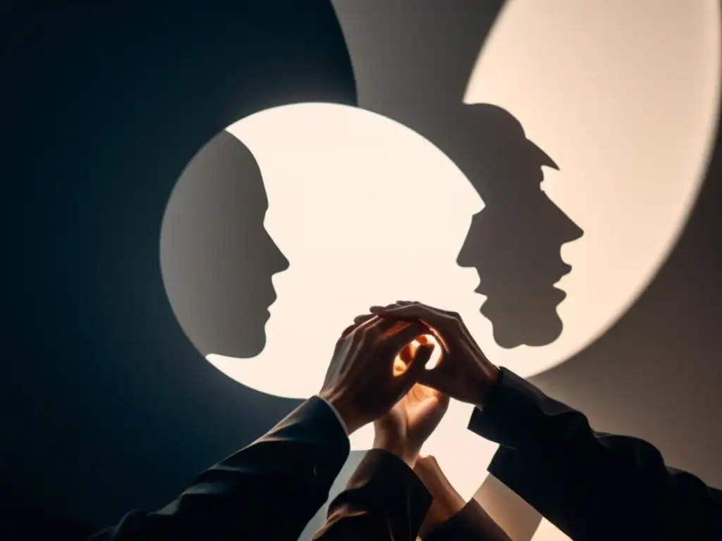 Misterio y poder: Círculo de personas en sombras Un círculo de personas con rostros en sombra, manos entrelazadas, expresiones serias