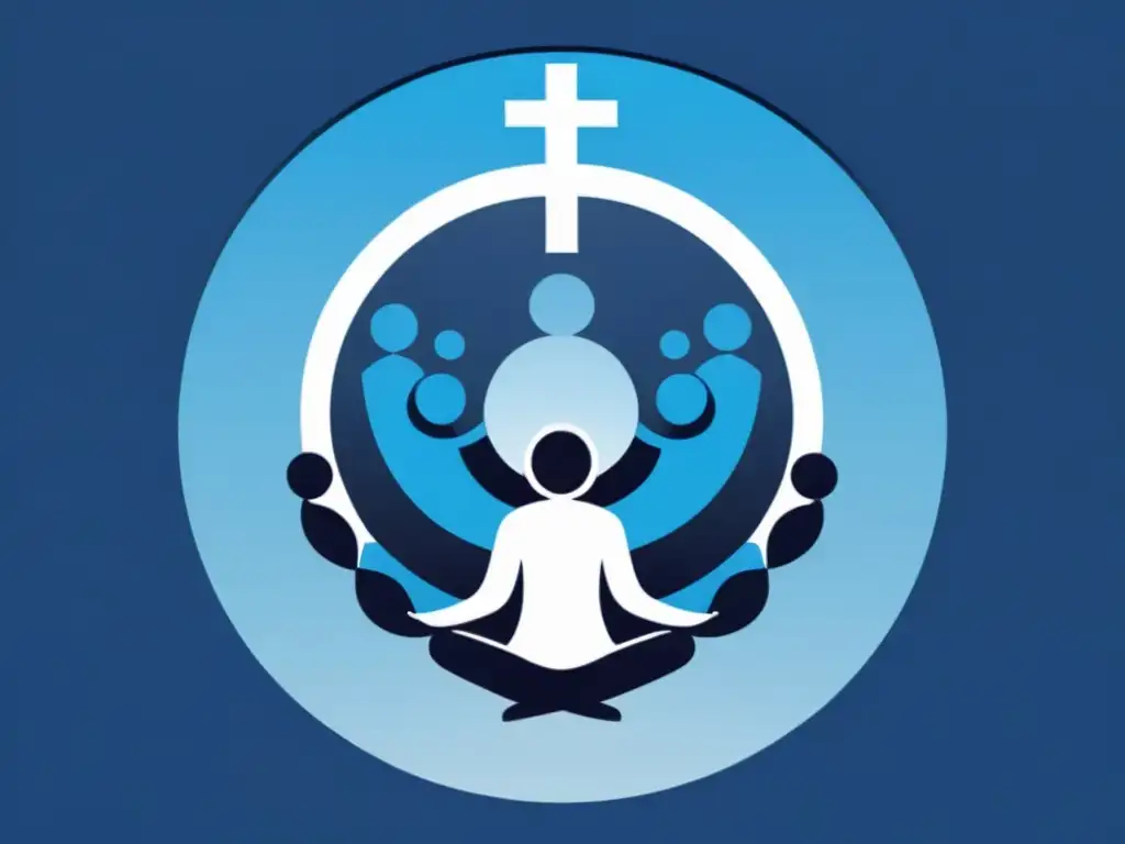 Unidad espiritual: diversidad de creencias en círculo Un círculo de personas con símbolos religiosos sobre sus cabezas