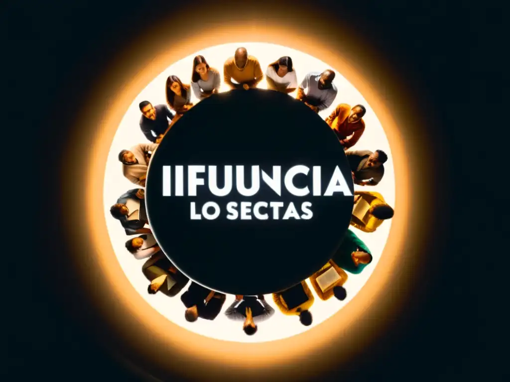 Investigación sobre influencia de medios en sectas Un círculo de personas en sombra, con un rayo de luz sobre un libro que dice 'Influencia de los medios en sectas'
