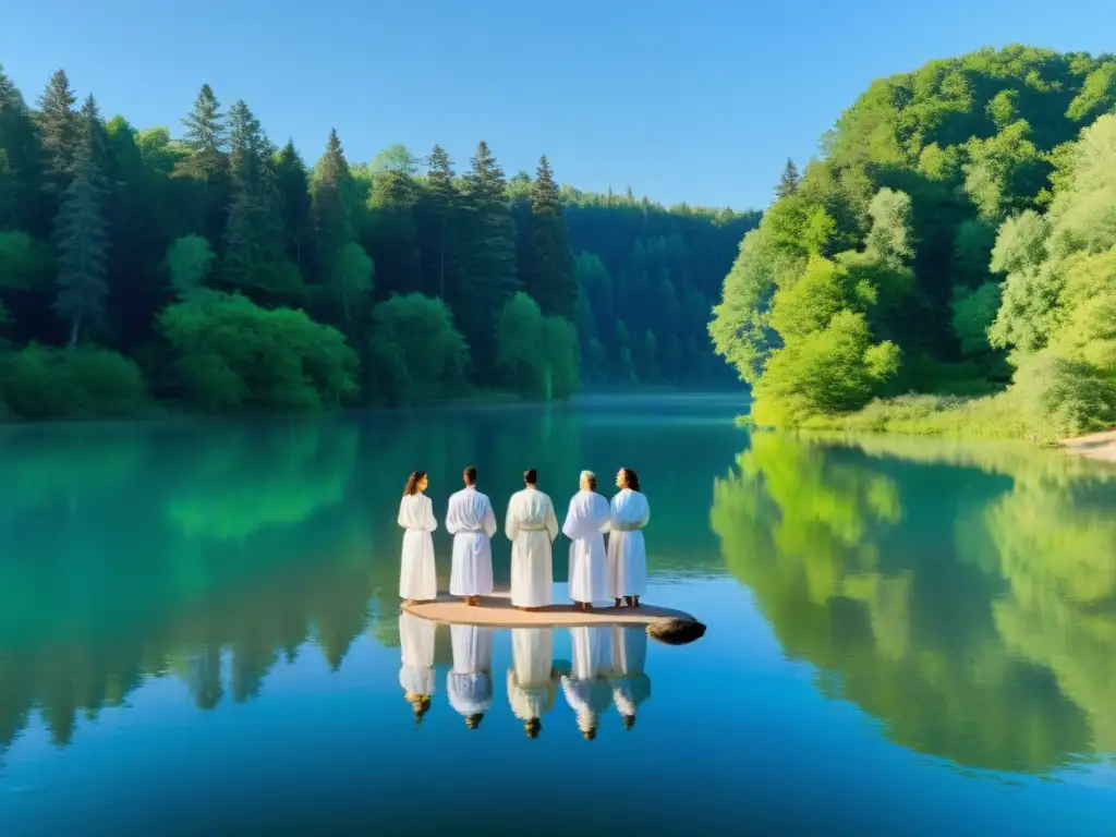 Círculo de sanación junto al lago Un círculo de personas en túnicas blancas conversa emocionalmente en el borde de un lago sereno