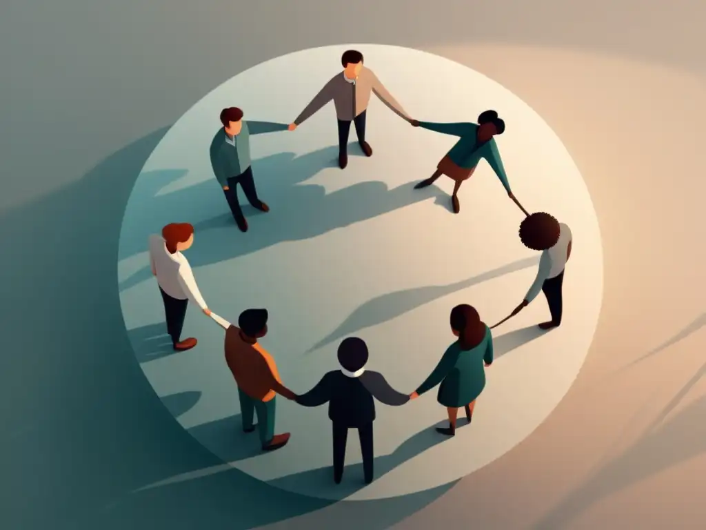 Círculo de unidad: ilustración serena y minimalista Un círculo de personas unidas, en tonos suaves y sombras, evoca la unión y la contemplación