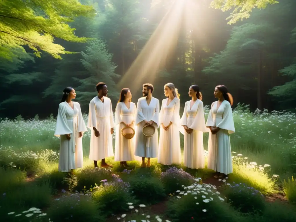 Un círculo de seguidores de la secta Panawave en el bosque con cestas de flores