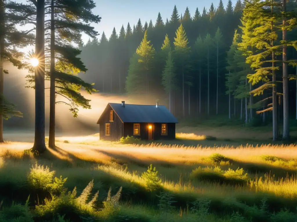 Un claro de bosque remoto bañado por la suave luz dorada del amanecer