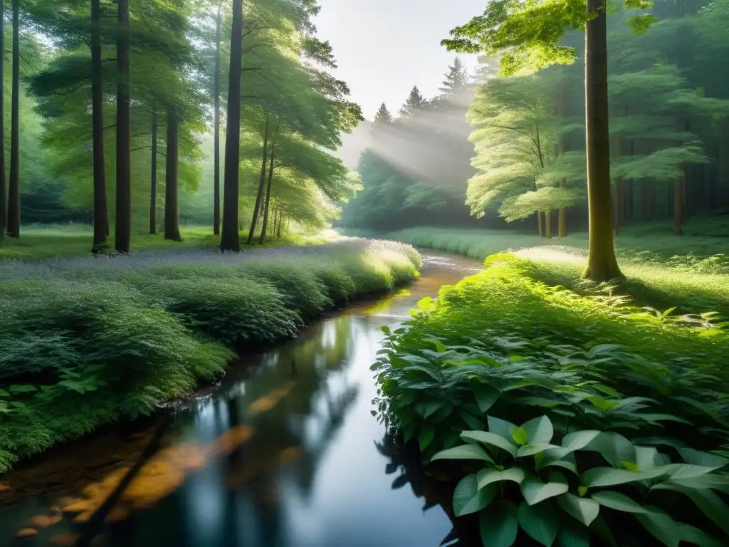 Claro bosque sereno: tranquilidad y contemplación Un claro tranquilo en el bosque, con luz filtrándose entre los árboles