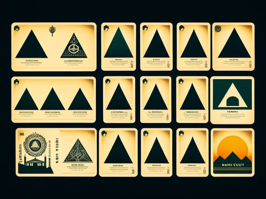 Colección de postales de cultos: misterio y enigma Una colección de postales de sectas más infames, dispuestas en una superficie texturizada oscura, con imágenes misteriosas y símbolos inquietantes
