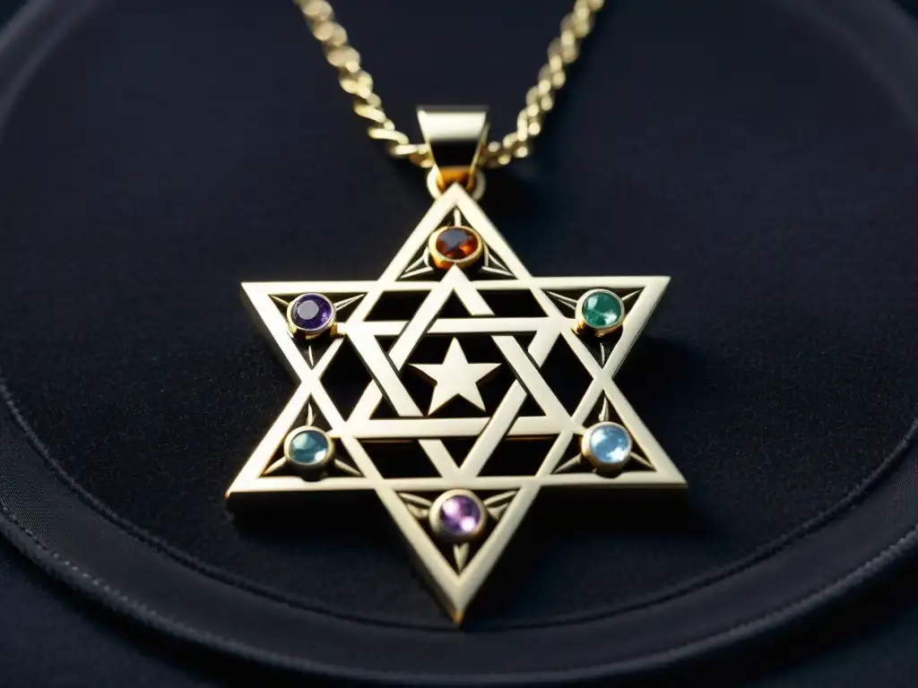 Un colgante de hexagrama plateado con gemas, símbolos esotéricos y un fondo de terciopelo negro