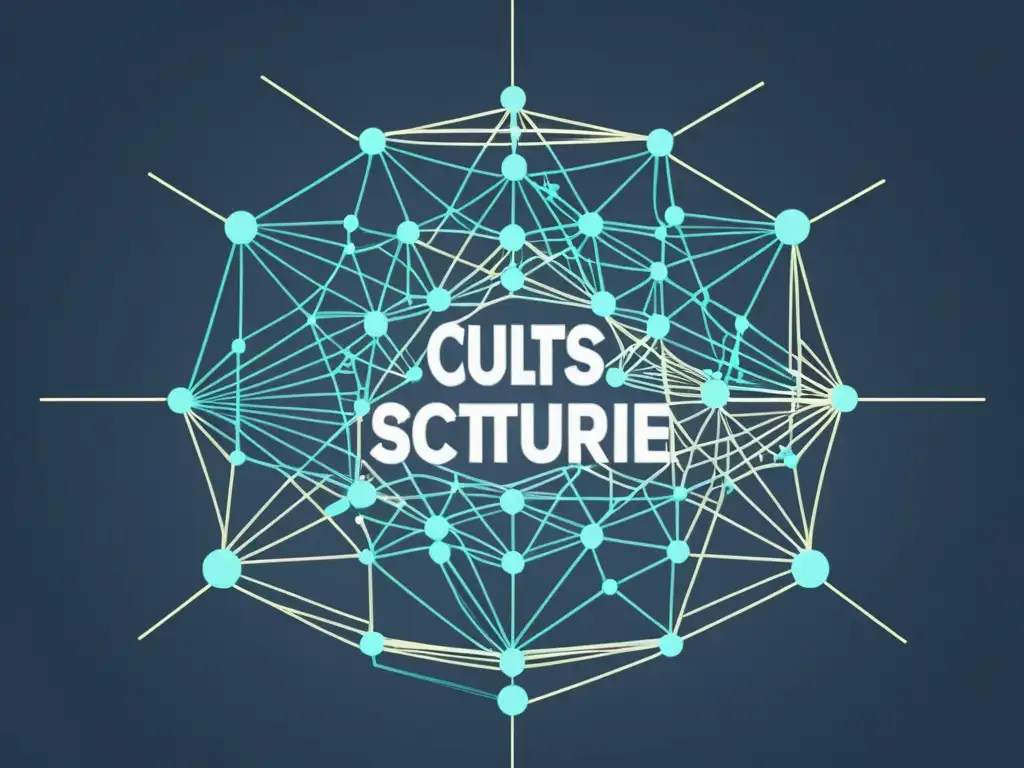 Intrincada red de influencias en sectas Compleja red de líneas y nodos interconectados representando la estructura de poder en sectas, con agentes externos influyentes