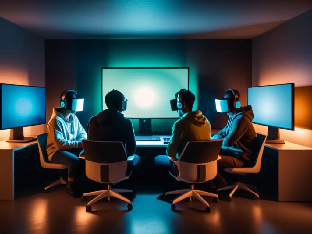 Conversaciones secretas en Discord: Intriga en la penumbra Comunidades encriptadas culto Discord: Figuras en penumbra reunidas en habitación con pantallas brillantes, creando atmósfera de misterio