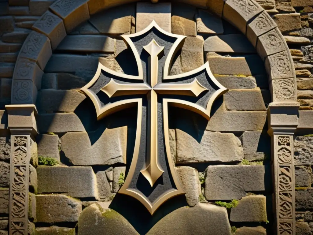 Insignia templaria antigua en piedra: detalle ultraHD Una cruz templaria antigua tallada en una pared de piedra, iluminada por una luz suave que resalta sus detalles desgastados