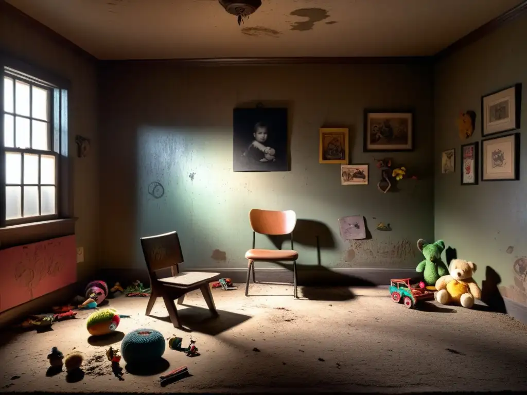 Sala sombría con juguetes antiguos y perturbadoras imágenes infantiles Un cuarto sombrío con juguetes viejos y dibujos inquietantes en crayón, evocando el culto familiar Los Niños de Dios