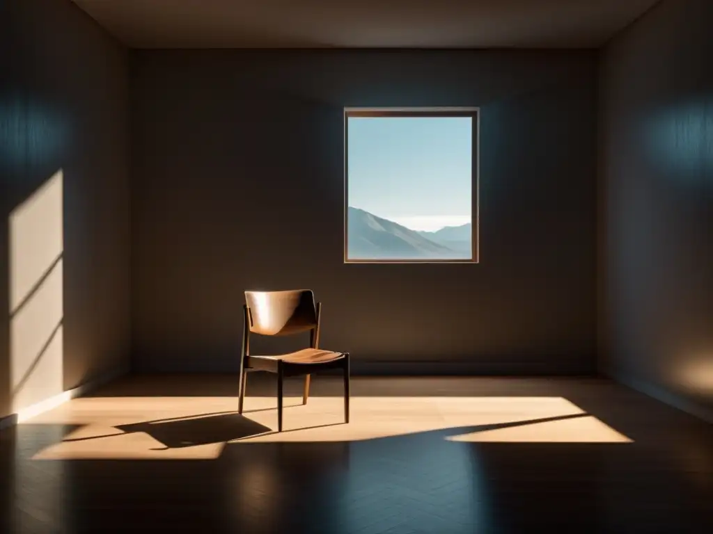 Un cuarto sombrío y minimalista con una silla solitaria proyectando largas sombras