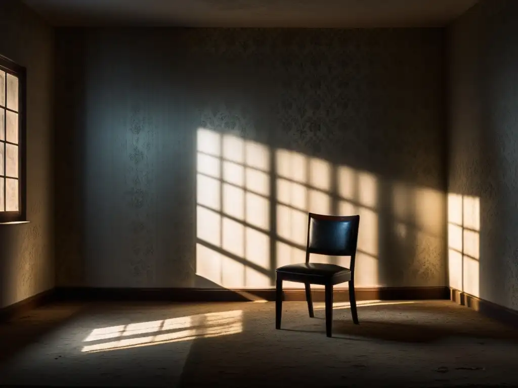 Un cuarto sombrío con una silla solitaria en el centro, proyectando largas sombras contra el papel tapiz descascarado