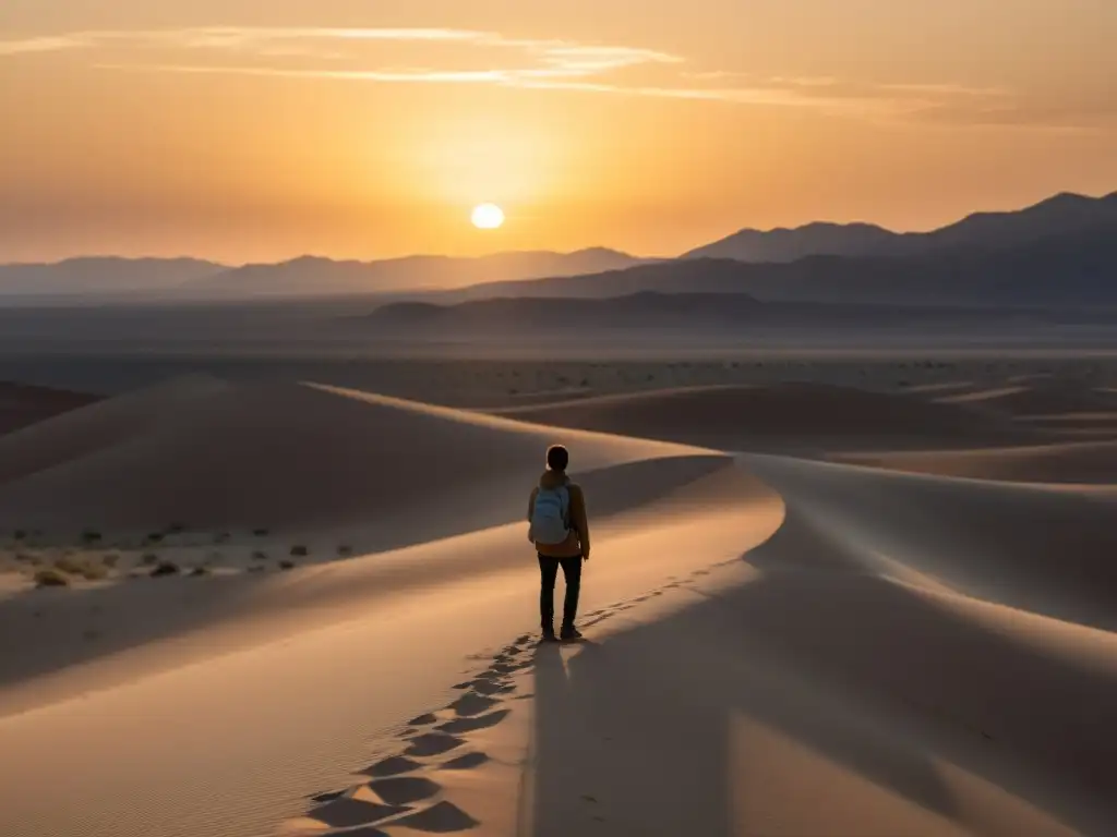 En busca de justicia: soledad y fortaleza en el desierto Derechos de exmiembros de sectas: Persona en desierto al atardecer, reflejando soledad y contemplación