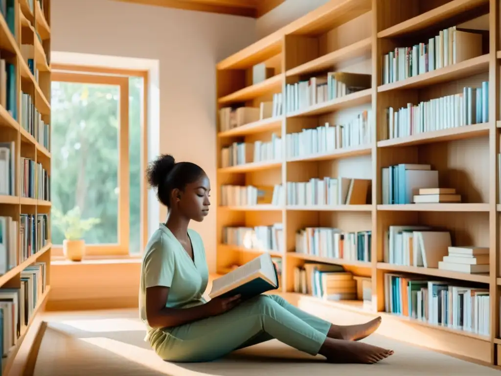 Empoderamiento a través de la lectura: liberación y conocimiento Derechos de exmiembros de sectas: Persona leyendo en espacio luminoso y calmado, rodeada de libros y recursos educativos