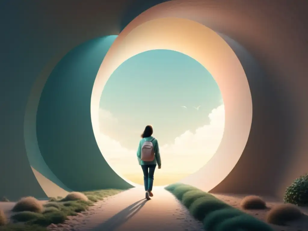 Reencuentro: Exmiembros de culto encuentran la luz Derechos de exmiembros de sectas: Ilustración serena de una persona caminando hacia la luz al final de un túnel, simbolizando su viaje hacia la reunión con sus familias y reintegración a la sociedad