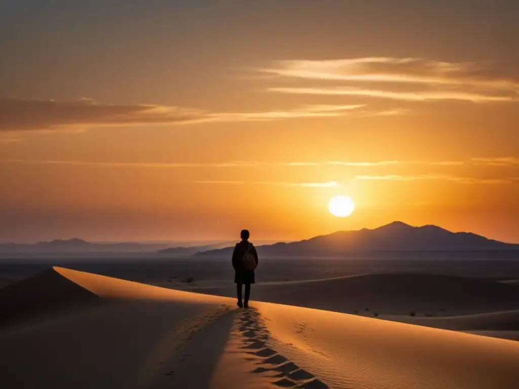 Silueta en el desierto al atardecer: liberación y paz interior Derechos de exmiembros de sectas: Silueta solitaria en un vasto desierto al atardecer, evocando introspección y paz interior