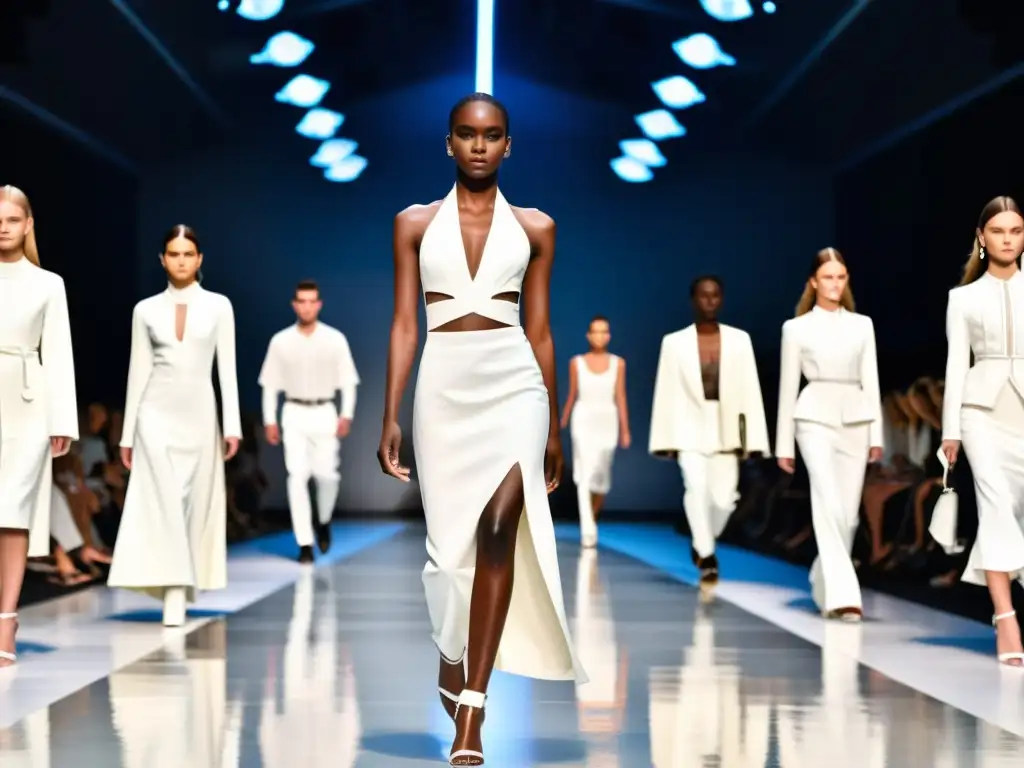 Desfile de moda contemporánea inspirada en cultos religiosos Desfile minimalista de moda con influencia de cultos religiosos en una pasarela blanca, modelos exudan serenidad y poder