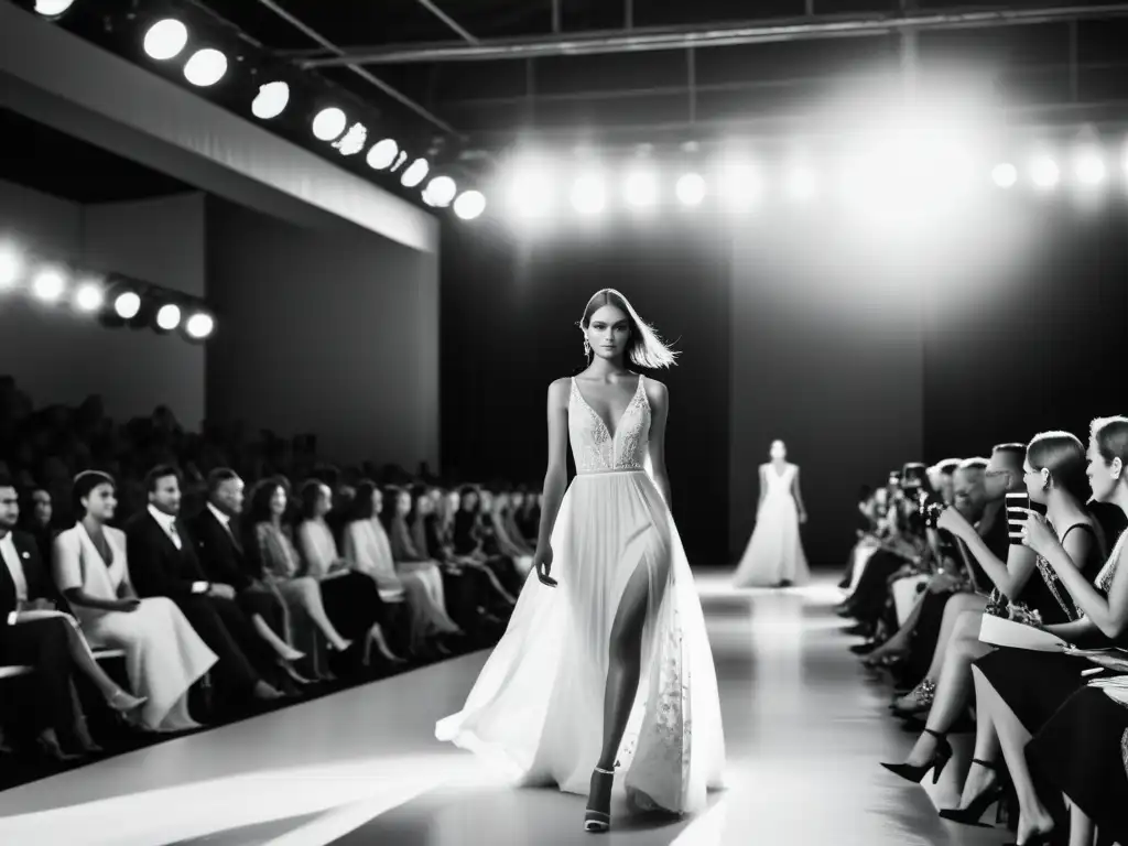 Pasarela de moda: Elegancia y gracia en blanco y negro Desfile de moda en blanco y negro con influencia de cultos, modelo desfilando en elegante vestido blanco con encaje, rodeada de espectadores borrosos