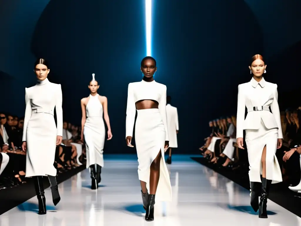 Desfile de Moda Cult: Vanguardia y Misterio Desfile de moda futurista en pasarela blanca con modelos en atuendos monocromáticos, emanando una atracción misteriosa y sofisticada