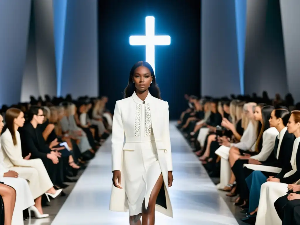 Desfile de moda minimalista con iconografía religiosa Desfile de moda con influencia de cultos: modelos lucen diseños modernos inspirados en simbología religiosa, en una pasarela blanca de líneas limpias
