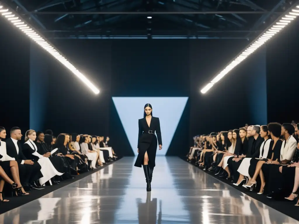 Desfile de moda cult: Vanguardia y misterio Desfile de moda con influencia de cultos, diseño vanguardista y ambiente industrial, evocando intriga y límites fashion