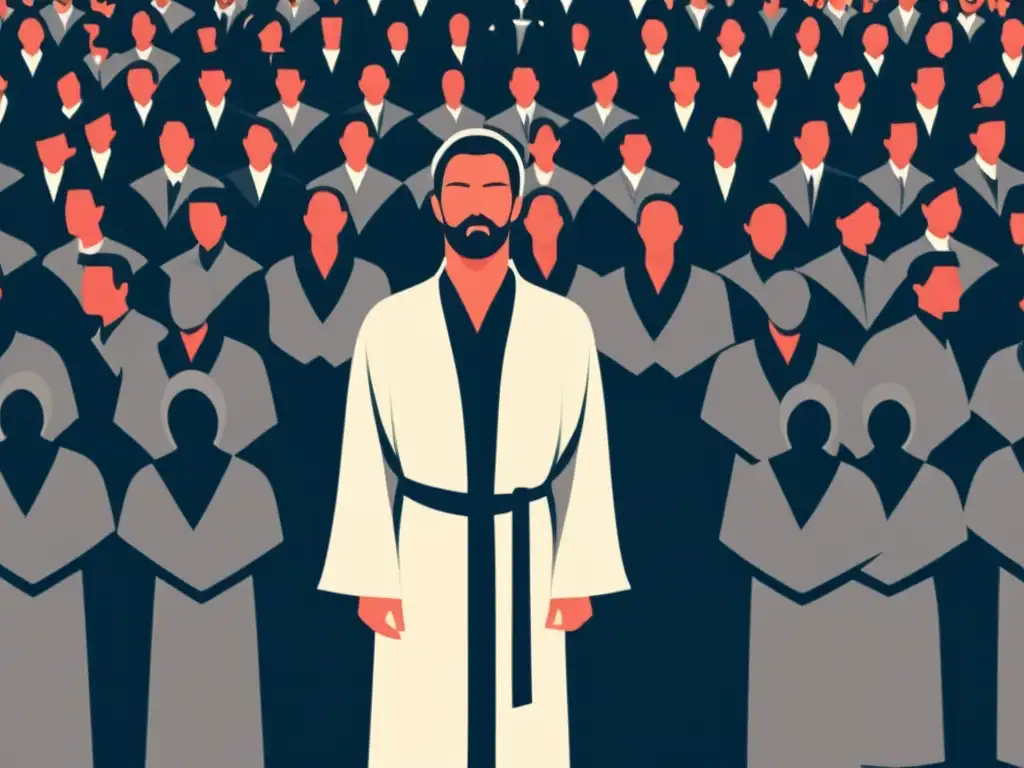 Carisma sectario: líder y seguidores Ilustración detallada de un individuo en una multitud de seguidores vestidos con túnicas idénticas, todos frente a un líder carismático