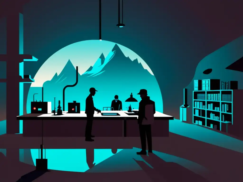 Detallada ilustración de laboratorio gubernamental en isla remota, con figuras misteriosas y símbolos de cultos