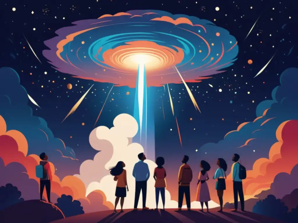 Ilustración detallada de diversas personas mirando un cometa etéreo