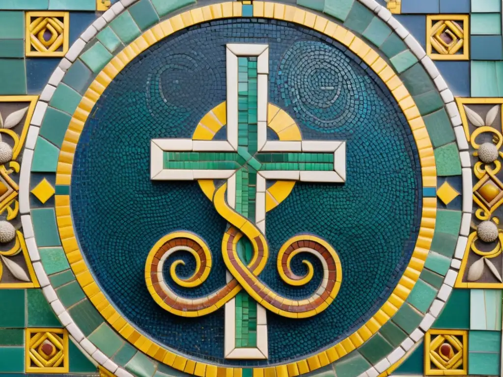 Mosaico antiguo: Cristianismo y paganismo entrelazados Detallado mosaico antiguo con símbolos cristianos y paganos entrelazados, destaca la complejidad del sincretismo en cultos primitivos cristianos
