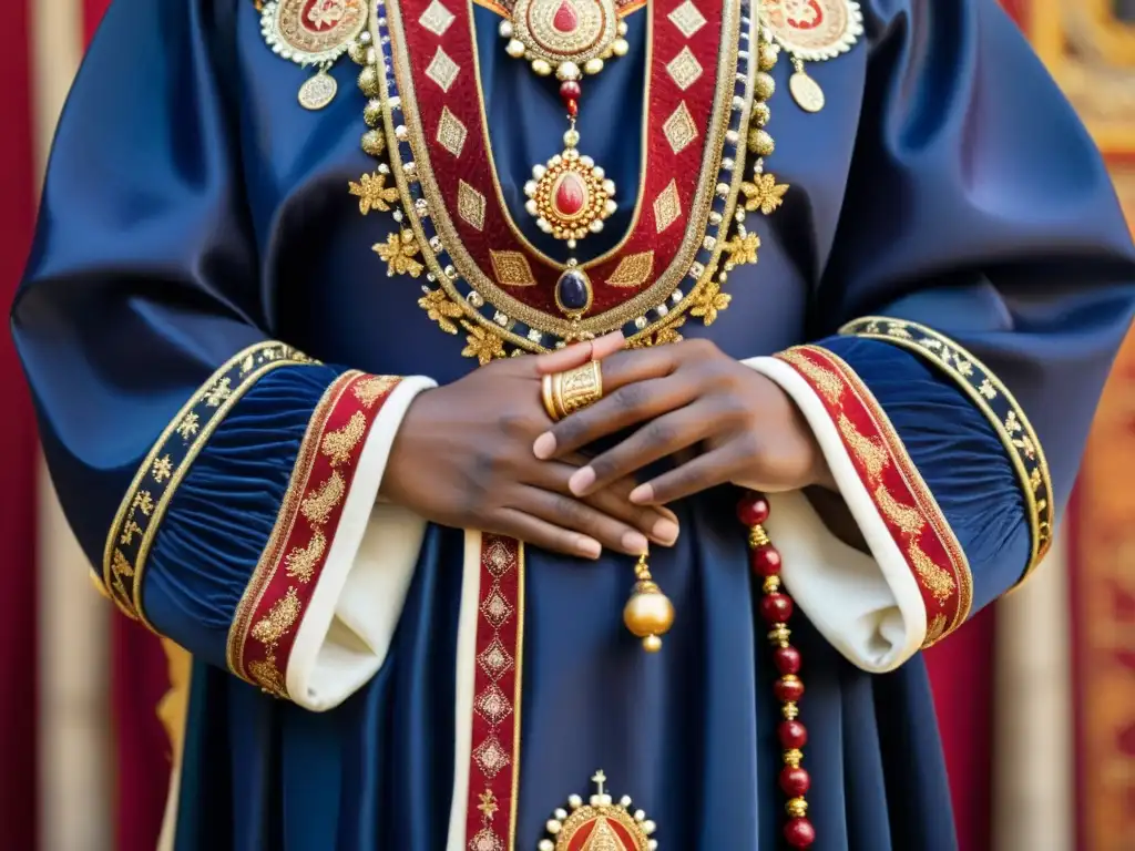Detalle de una figura con indumentaria ceremonial, rica en simbolismo y bordados, iluminada en tonos índigo, oro y carmesí