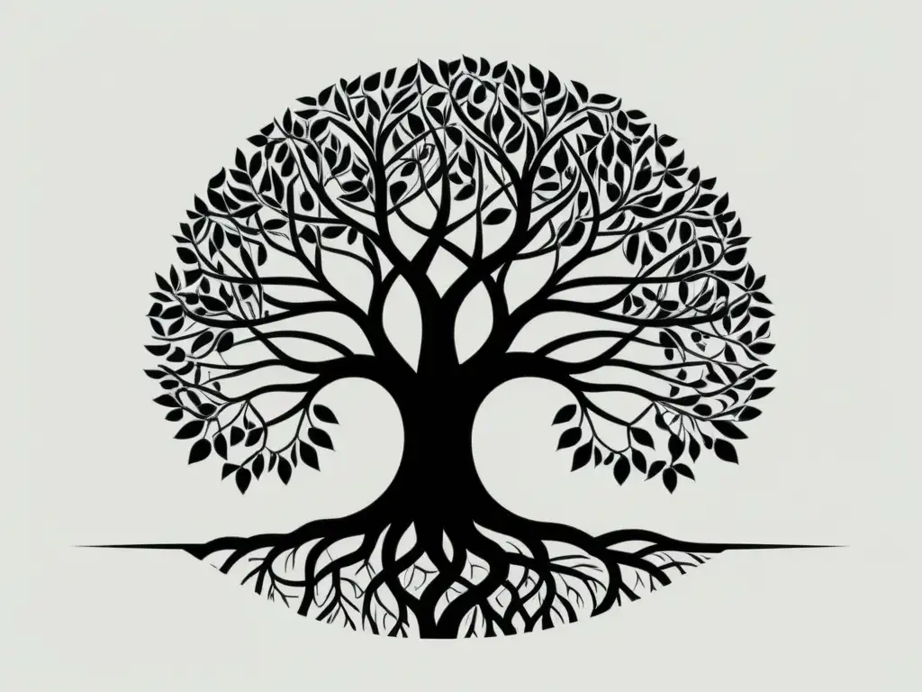 Entrelazamiento histórico: raíces y ramas de movimientos sociales Detalle minimalista de dos árboles entrelazados representando la conexión entre sectas emergentes y movimientos sociales contemporáneos
