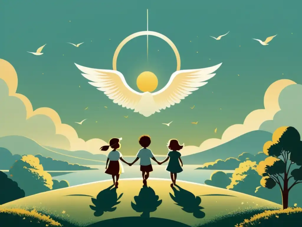 Niños jugando en escena serena con simbolismo religioso Un dibujo minimalista de Los Niños de Dios culto familiar