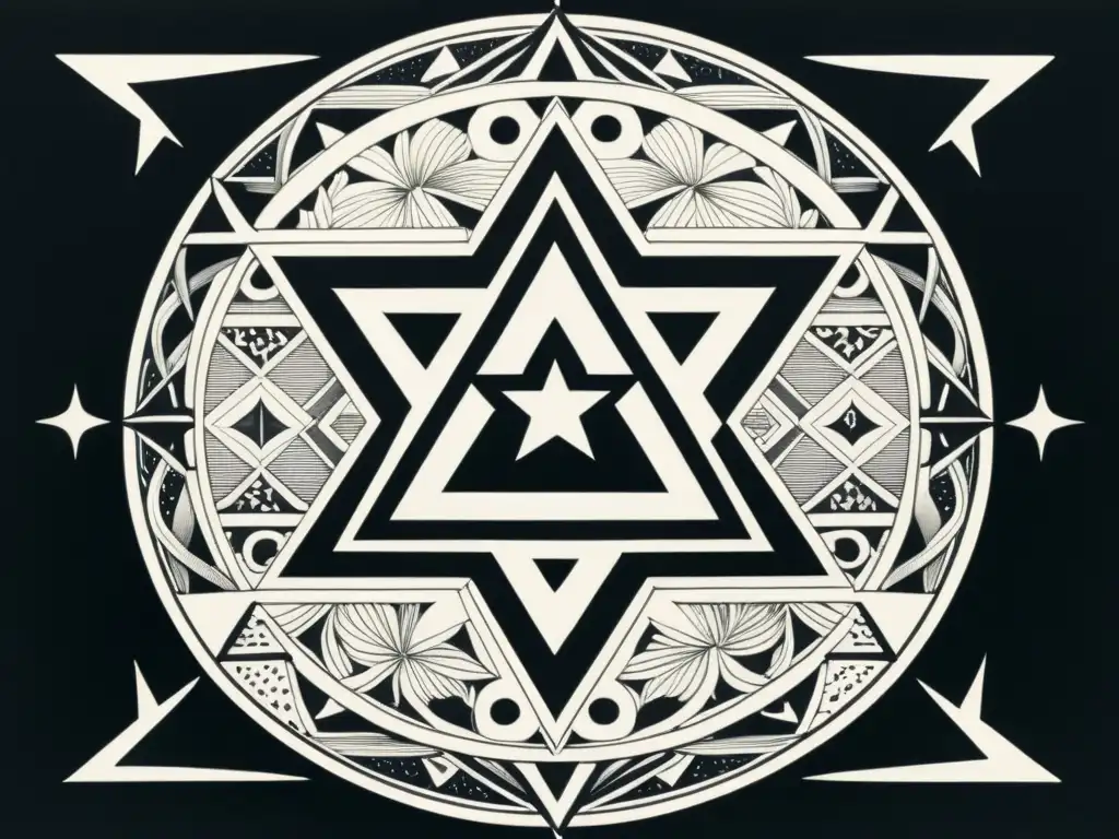 Un dibujo en tinta en blanco y negro de un hexagrama rodeado de patrones geométricos, con detalles intrincados que crean un efecto hipnótico