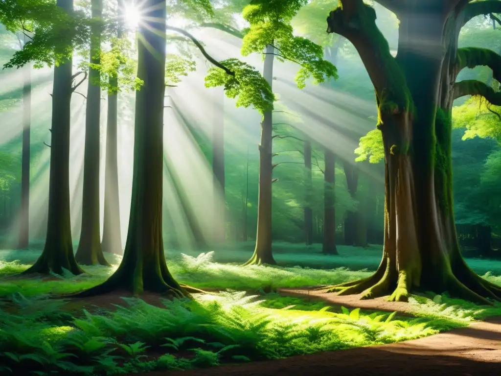Bosque sereno: luz y sombra en la naturaleza Diferencias entre culto y secta: Bosque sereno con luz solar filtrándose entre las hojas, creando patrones en el suelo