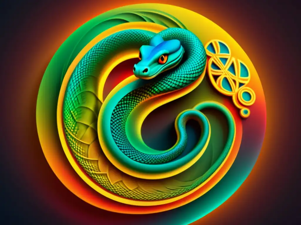 Serpiente mística: ilustración digital 8K de culto ancestral Ilustración digital detallada en 8k de una serpiente enroscada con patrones intrincados y colores vibrantes, simbolizando el atractivo antiguo y poderoso del Culto de la Serpiente prácticas ancestrales