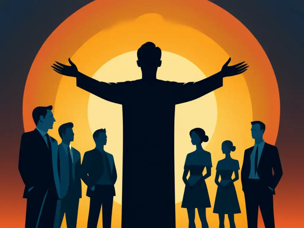 Figura sombría y seguidores: el impacto de cultos y sectas Enigmática ilustración digital de una figura sombría rodeada de seguidores, evocando el impacto del modelo de negocio de sectas