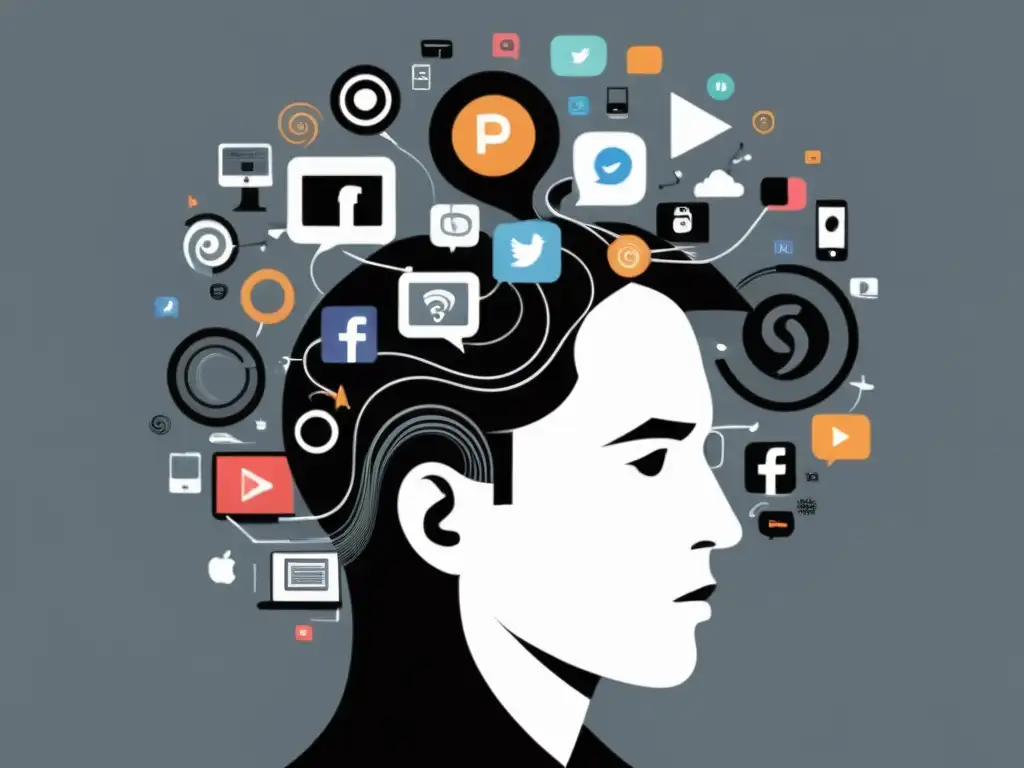 Manipulación digital: la mente atrapada Ilustración digital minimalista de una cabeza con dispositivos digitales y símbolos de redes sociales, representando las técnicas de lavado de cerebro digitales